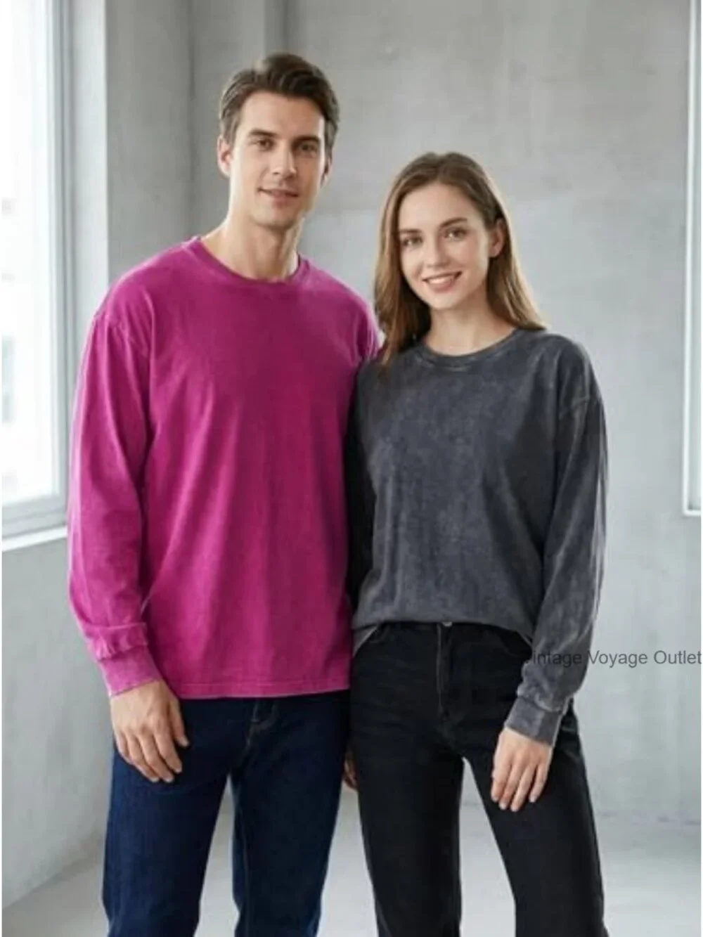 Vintage Washed Men's Long Sleeve Crew Neck Heavyweight Cotton Tee, Oversized